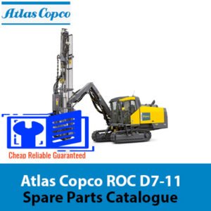 Atlas Copco ROC D7-11 spare parts catalogue cover featuring detailed illustrations and part numbers for equipment maintenance