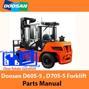 Doosan D60S-5 and D70S-5 forklift parts manual cover, featuring model specifications and parts diagrams