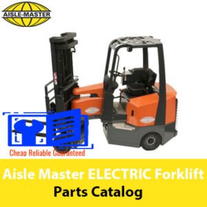 Aisle Master electric forklift parts catalog, displaying an organized layout of parts with labels and technical information
