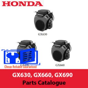 Comprehensive parts catalogue for Honda GX630, GX660, and GX690, showcasing engine components and their specifications