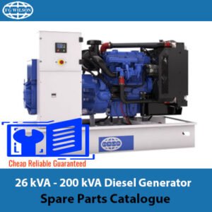 Catalogue of spare parts for FG WILSON diesel generators, ranging from 26 kVA to 200 kVA, including detailed component listings