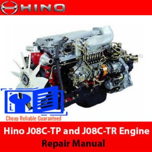 Hino J08C-TP and J08C-TR engine repair manual cover, featuring detailed diagrams and instructions for maintenance