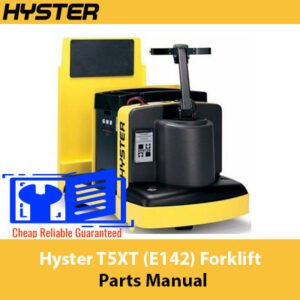 Hyster T5XT (E142) Forklift Parts Manual cover featuring detailed diagrams and parts listings for maintenance and repair