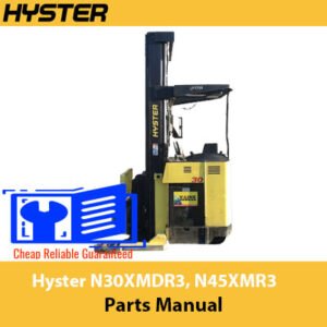 Hyster N30XMDR3 and N45XMR3 forklift parts manual cover, featuring detailed diagrams and specifications for maintenance