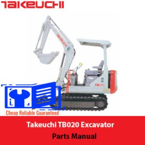 Takeuchi TB020 Excavator Parts Manual cover featuring an illustration of the excavator and detailed parts list