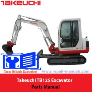Parts manual for Takeuchi TB135 Excavator, displaying the excavator image and title prominently on the cover