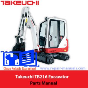 Parts manual for Takeuchi TB216 Excavator, showcasing an image of the excavator and its components