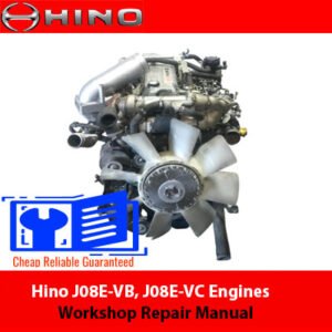 Hino J08E-VB and J08E-VC engines workshop repair manual cover, featuring detailed diagrams and instructions for repairs