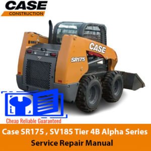 Service repair manual cover for Case SR175 and SV185 skid steer loaders, featuring technical diagrams and maintenance guidelines
