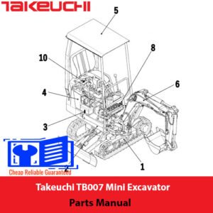 Takeuchi TB007 Mini Excavator Parts Manual cover featuring an illustration of the excavator and parts list