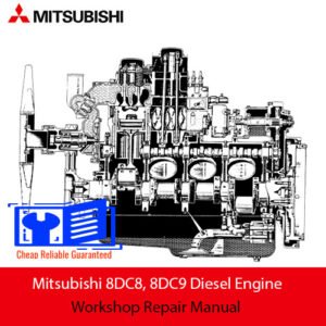 Mitsubishi 8DC8 and 8DC9 diesel engine workshop repair manual cover, featuring technical diagrams and repair instructions