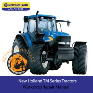 Workshop Repair Manual for New Holland TM Series Tractors, displaying a tractor and various technical illustrations