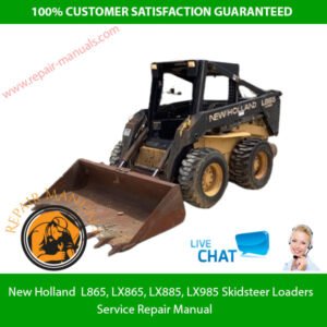 Repair manual detailing service procedures for New Holland L865, LX865, LX885, and LX985 skid steer loaders