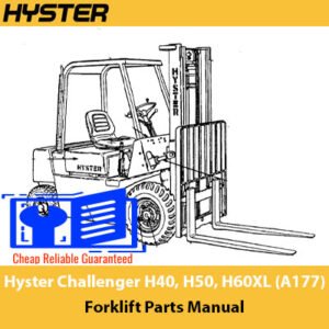 Parts manual for Hyster Challenger H40, H50, H60XL forklifts, detailing components and specifications for maintenance