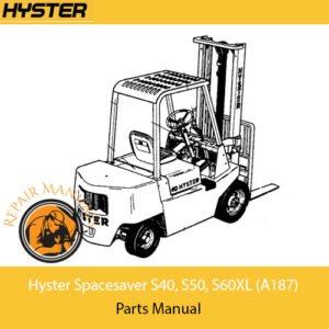 Hyster Spacesaver S40, S50, S60XL Forklift Parts Manual cover featuring model details and technical illustrations