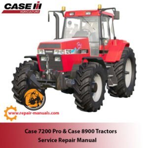 Service repair manual cover for Case 7200 Pro and Case 8900 tractors, featuring detailed maintenance and troubleshooting information