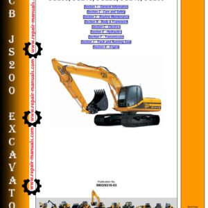 JCB JS200 Excavator service repair manual, displaying the title and relevant technical graphics for maintenance guidance