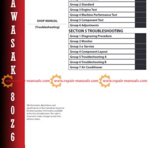 Kawasaki 80Z6 Wheel Loader Troubleshooting Manual cover featuring the loader and technical diagrams for maintenance guidance