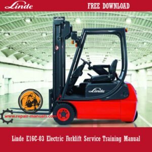 Linde E16C-03 Electric Forklift Service Training Manual cover featuring the model and training information