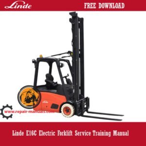 Linde E16C Electric Forklift Service Training Manual cover featuring the model and training details