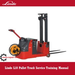 Cover of the Linde L10 Pallet Truck Service Training Manual, showcasing the truck and key service information