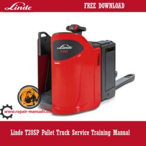 Cover of the Linde T20SP Pallet Truck Service Training Manual, showcasing the truck and key service information