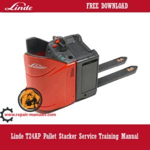 Cover of the Linde T24AP Pallet Stacker Service Training Manual, highlighting essential service information