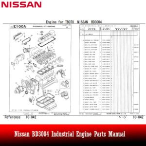 Cover of the Nissan BD3004 Industrial Engine Parts Manual, displaying detailed diagrams and part information
