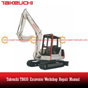 Takeuchi TB035 Excavator Workshop Repair Manual, displaying the title and technical diagrams for maintenance guidance
