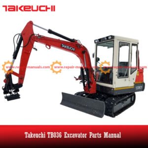 Parts manual for Takeuchi TB36 Excavator, displaying an image of the excavator and detailed parts information