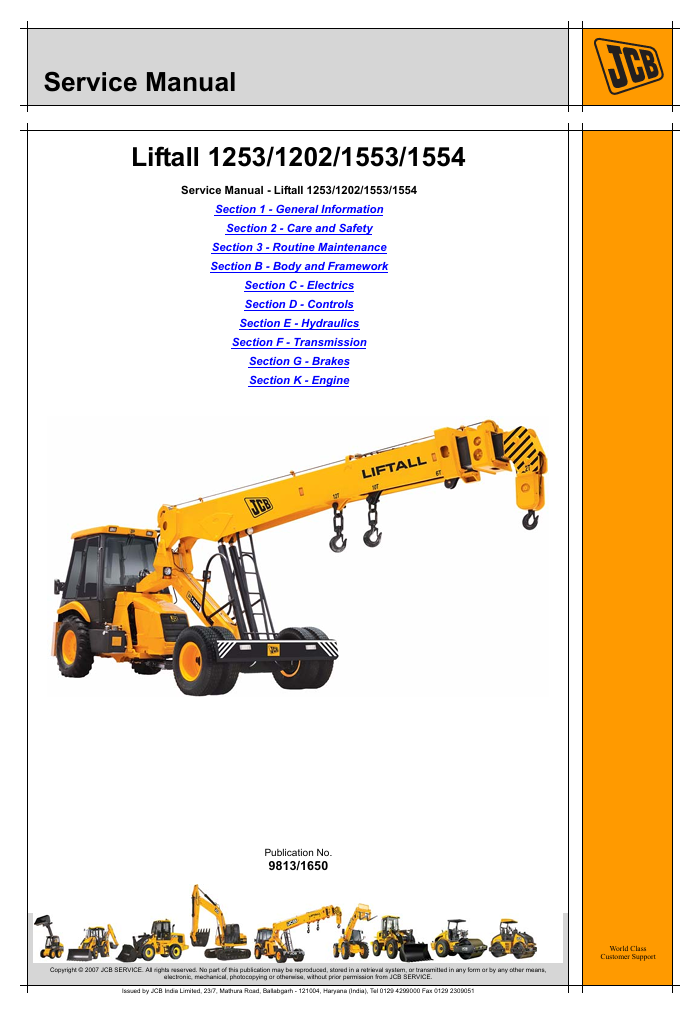 Service repair manual for JCB Liftall 1253, detailing maintenance and troubleshooting procedures