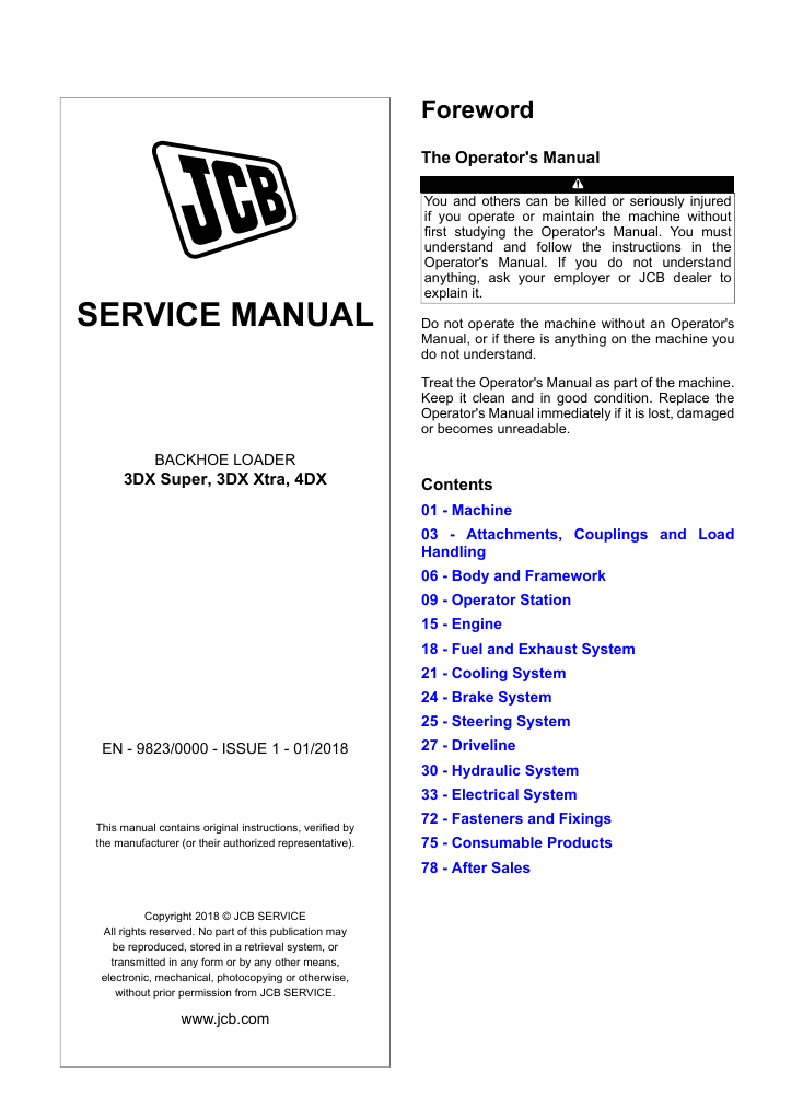 Comprehensive service manual for JCB 3DX Super Backhoe Loader, covering repair and maintenance procedures