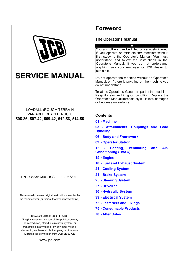 Service repair manual for JCB 509-42 Telehandler, detailing maintenance and troubleshooting procedures