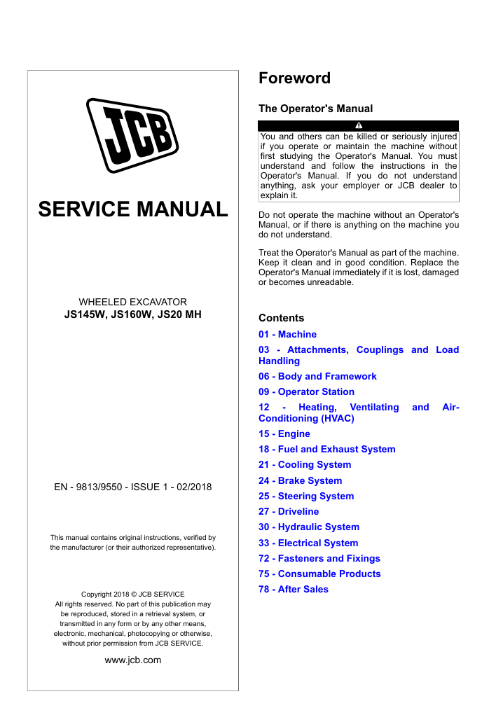 Detailed service and repair manual for the JCB JS160W Wheel Excavator, focusing on maintenance procedures