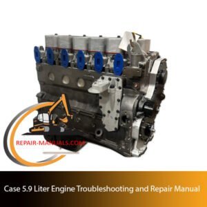 5.9 Liter Engine Troubleshooting and Repair Manual showing an engine diagram and repair tools on a mechanic's workspace