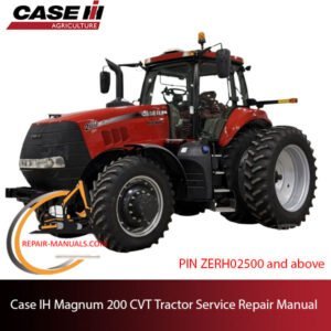 Service repair manual cover for Case IH Magnum 200 CVT Tractor, featuring technical diagrams and maintenance instructions