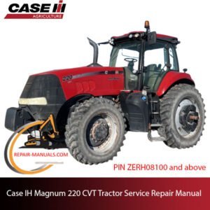 Service repair manual cover for Case IH Magnum 220 CVT Tractor, featuring technical diagrams and maintenance instructions