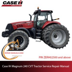 Service repair manual cover for Case IH Magnum 240 CVT Tractor, featuring technical diagrams and maintenance instructions