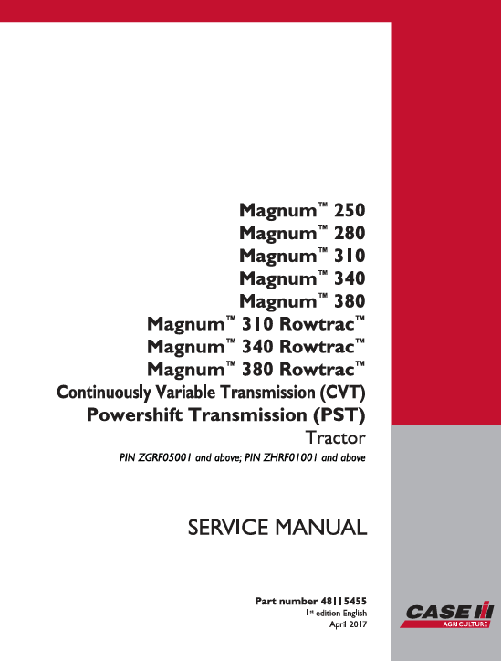 Service manual for Case IH Magnum 310 CVT Tractor, displaying repair procedures and technical drawings for efficient servicing