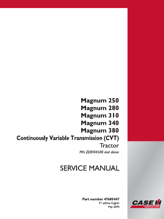 Case Magnum 340 CVT tractor service repair manual, displaying the title and relevant technical illustrations