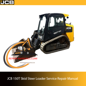 Service repair manual cover for JCB 150t Skid Steer Loader, featuring technical diagrams and maintenance instructions