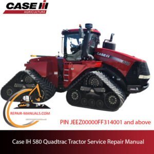 Service repair manual cover for Case IH 580 Quadtrac tractor, featuring technical diagrams and maintenance instructions