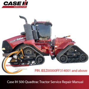 Service repair manual cover for Case IH 500 Quadtrac tractor, featuring technical diagrams and maintenance guidelines