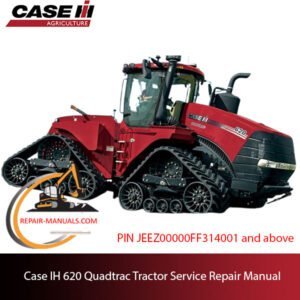 Service repair manual cover for Case IH 620 Quadtrac tractor, featuring technical diagrams and maintenance guidelines