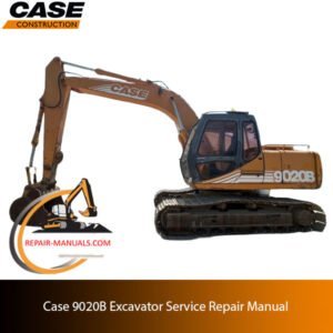 Service repair manual cover for Case 9020B excavator, featuring technical illustrations and detailed maintenance instructions