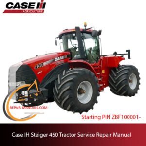 Service repair manual cover for Case IH Steiger 450 Tractor, featuring technical diagrams and maintenance instructions