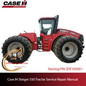 Service repair manual cover for Case IH Steiger 550 Tractor, featuring technical diagrams and maintenance instructions