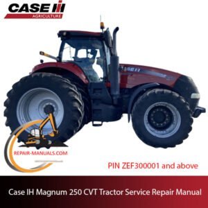 Service repair manual cover for Case IH Magnum 250 CVT Tractor, featuring technical diagrams and maintenance instructions
