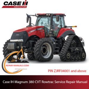 Service repair manual cover for Case IH Magnum 380 CVT Rowtrac Tractor, featuring technical diagrams and maintenance guidelines