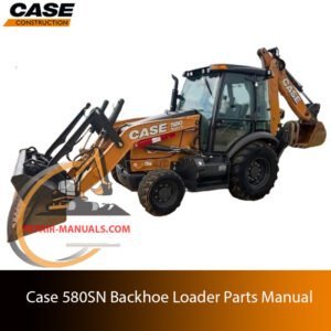 Parts manual cover for Case 580SN Backhoe Loader, featuring detailed diagrams and part specifications